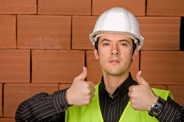 Engineer White Hat Brick Wall Background — Stock Photo, Image