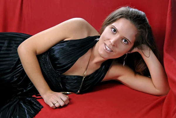 Portrait Beautiful Young Woman Sofa — Stock Photo, Image