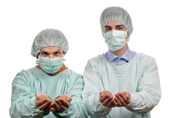 Dua Dokter Muda Laki Laki Latar Belakang Putih — Stok Foto