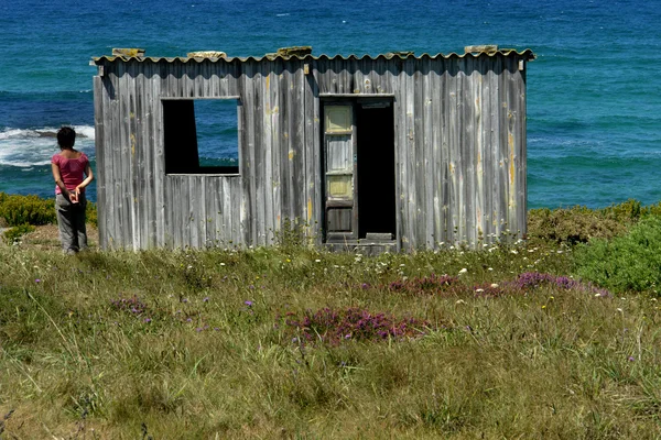 Γυναίκα Και Ένα Παλιό Σπίτι Στην Ακτή — Φωτογραφία Αρχείου