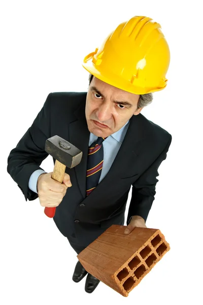 Engineer Holding Hammer Brick Isolated White — Stock Photo, Image