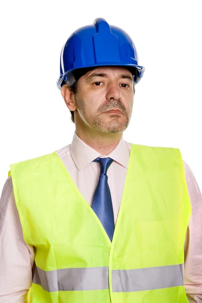 青い帽子 白で隔離されるエンジニア — ストック写真