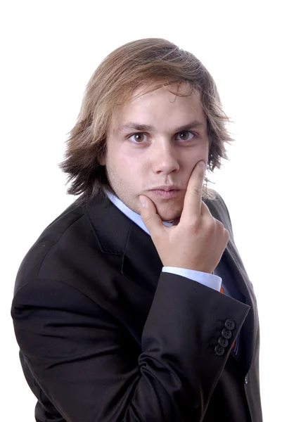 Junger Geschäftsmann Der Einem Weißen Hintergrund Denkt — Stockfoto