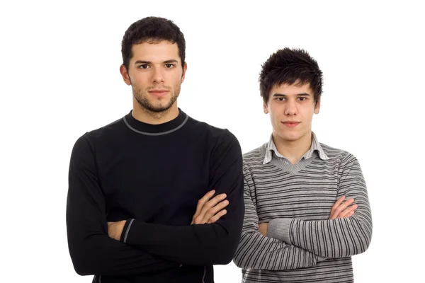 Portret Dwóch Młodych Mężczyzn Dorywczo Białym Tle — Zdjęcie stockowe