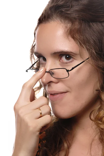 Retrato Jovem Morena Com Óculos Pretos — Fotografia de Stock