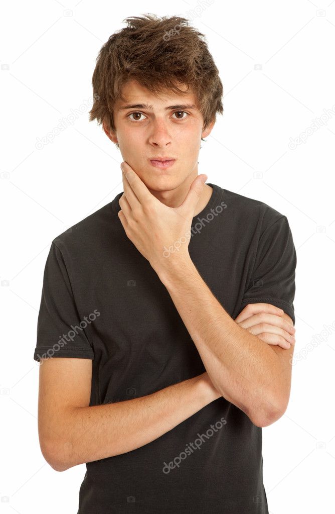 Young casual man looking, isolated on white