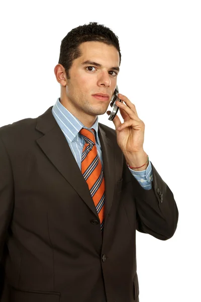 Jonge Zakenman Aan Telefoon Geïsoleerd — Stockfoto