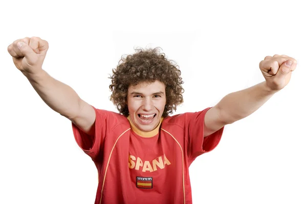 Spanyol Genç Adam Destekçisi Üzerinde Beyaz Izole — Stok fotoğraf