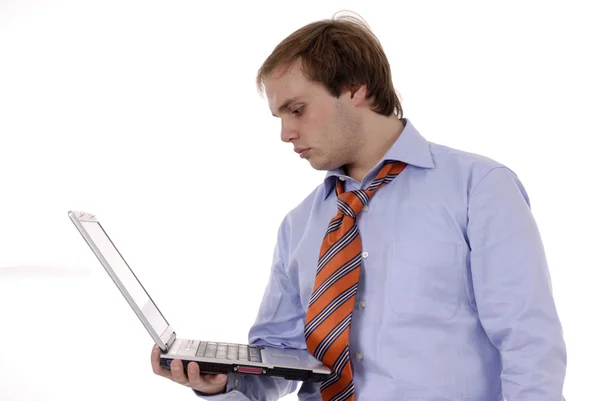Mann Arbeitet Mit Computer Vor Weißem Hintergrund — Stockfoto