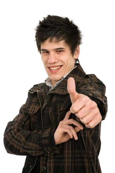 Young Casual Man Portrait Going Thumb White Background — Stock Photo, Image