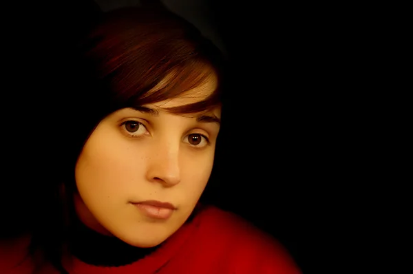 Traurige Lässige Junge Frau Porträt Schwarzem Hintergrund — Stockfoto