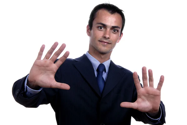 Homem Com Mãos Abertas Isolado Branco — Fotografia de Stock