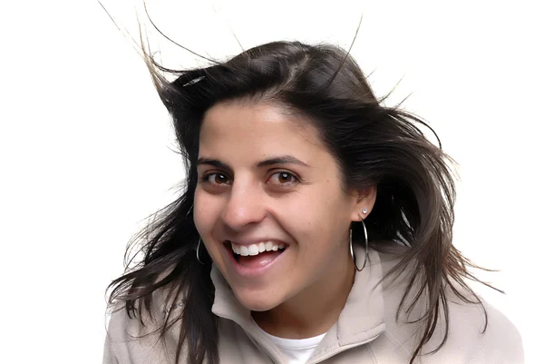 Saçında Rüzgar Ile Mutlu Bir Genç Kadın Portresi — Stok fotoğraf