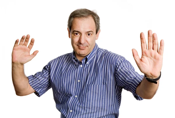 Silly Mature Man Making Stop His Hands — Stock Photo, Image