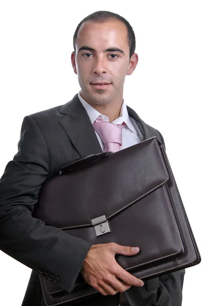 白で隔離されるスーツケース青年実業家 — ストック写真