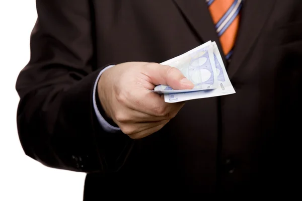 Detalhe Homem Mão Com Dinheiro Notas Euro — Fotografia de Stock