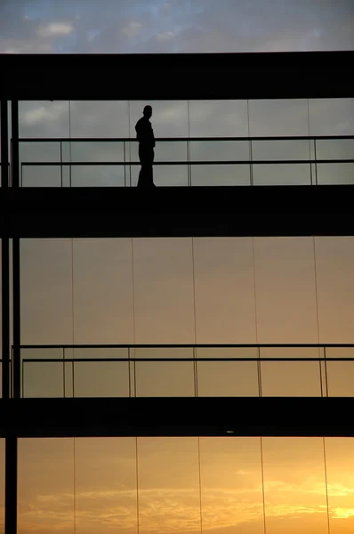 Werknemer Binnen Het Gebouw Silhouet Bij Zonsondergang — Stockfoto