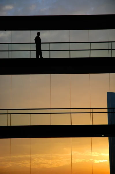 Людина Сучасній Будівлі Заході Сонця — стокове фото