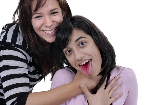 Dos Chicas Jóvenes Casuales Peleando Fondo Blanco — Foto de Stock