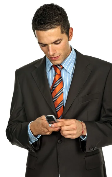 Mladý Podnikatel Telefonem Bílém Pozadí — Stock fotografie