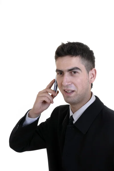 Junger Mann Telefon Vor Weißem Hintergrund — Stockfoto