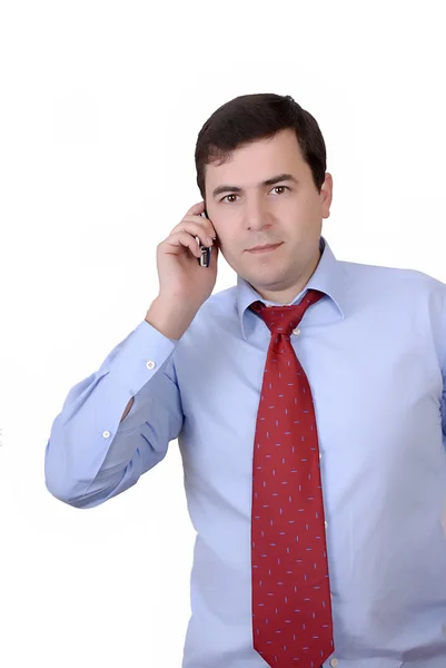 Fiatal Sikeres Üzletember Elszigetelt Fehér Telefon — Stock Fotó