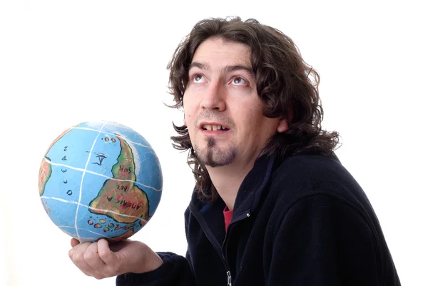Junger Mann Mit Globus Isoliert Auf Weißem Hintergrund — Stockfoto