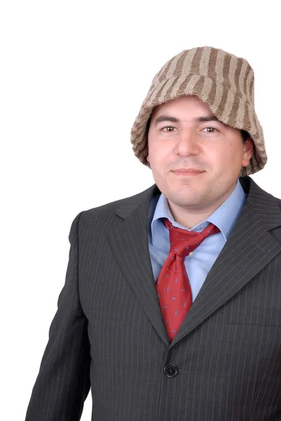 Genç Adam Portresi Üzerine Beyaz Izole Tuhaf Şapkalı — Stok fotoğraf