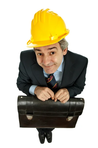 Engenheiro Com Chapéu Amarelo Mala Isolado Branco — Fotografia de Stock