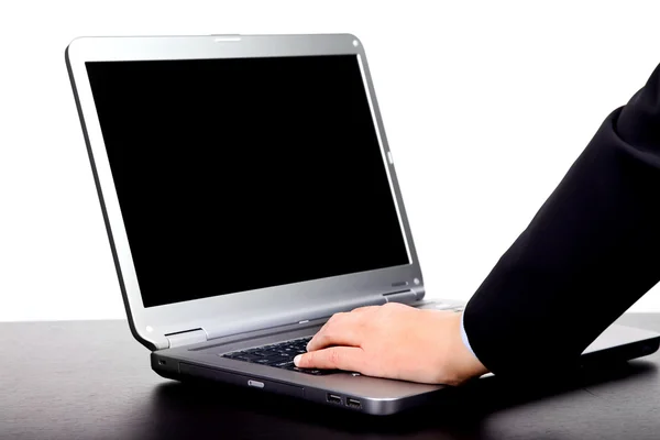 Frauenhand Arbeitet Mit Computer Isoliert Auf Weiß — Stockfoto