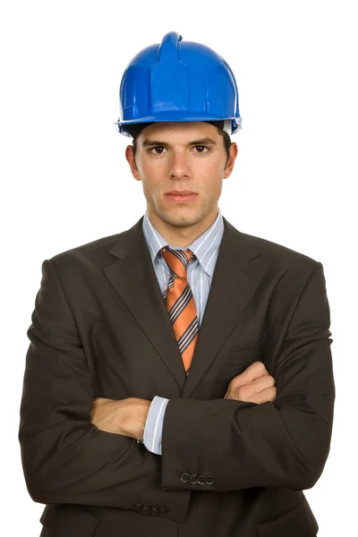 Ingeniero Con Sombrero Azul Aislado Blanco —  Fotos de Stock