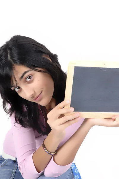 Young Girl Blackboard White Background — Stock Photo, Image