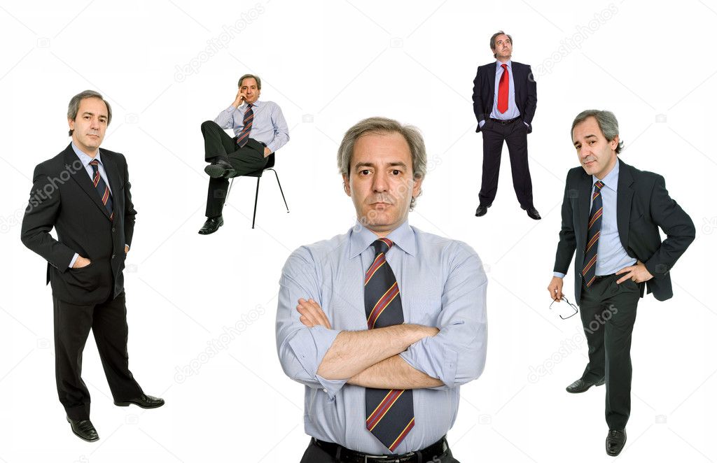 Mature businessman in different positions, isolated on white
