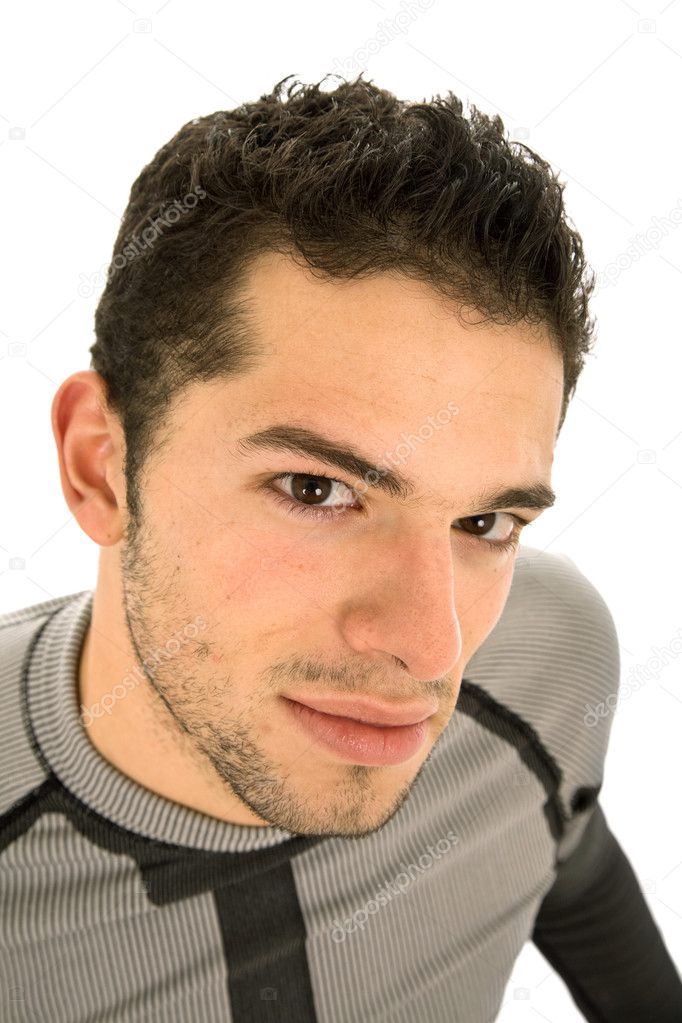 Young silly man portrait in a white background