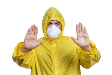 young man in yellow with a mask, on white clipart