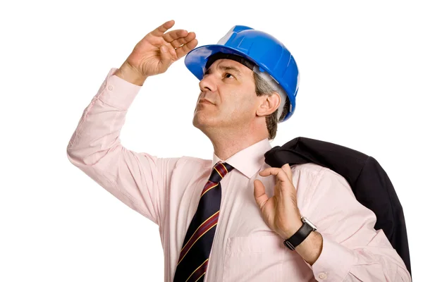 Engenheiro Com Chapéu Azul Isolado Branco — Fotografia de Stock