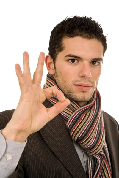 Успешный Бизнесмен Показывает Три Пальца Изолированных Белом — стоковое фото