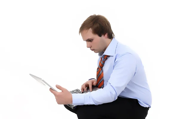 Uomo Che Lavora Con Computer Sfondo Bianco — Foto Stock