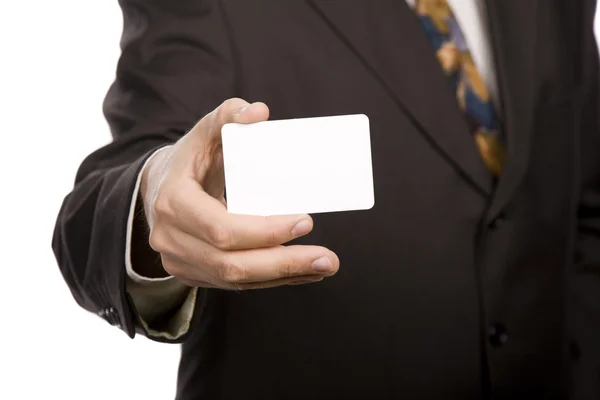 Mão Homem Negócios Oferecendo Cartão Visita Fundo Branco — Fotografia de Stock