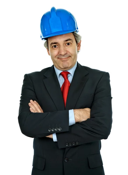 Een Ingenieur Met Blauwe Hoed Geïsoleerd Wit — Stockfoto