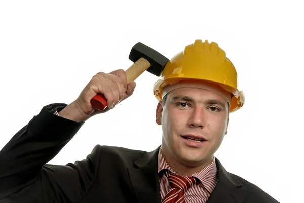 Retrato Jovem Trabalhador Masculino Com Martelo — Fotografia de Stock