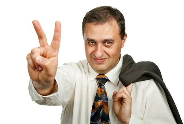 Молодой Бизнесмен Показывает Два Пальца Изолированы Белом — стоковое фото