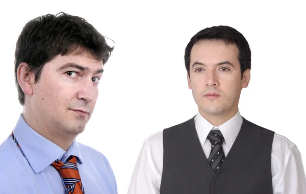 Dva Mladí Podnikání Muži Portrét Bílém Pozadí Zaměřit Muže Levé — Stock fotografie