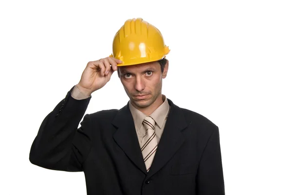 Ein Ingenieur Mit Gelbem Hut Isoliert Auf Weiß — Stockfoto