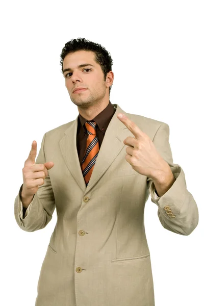 Affärsman Kostym Som Pekar Uppåt Isolerade Vit — Stockfoto