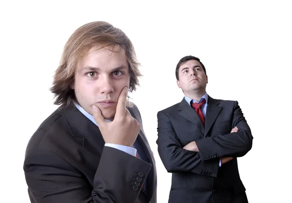 Zwei Junge Geschäftsleute Porträt Auf Weiß Fokus Auf Den Mann — Stockfoto