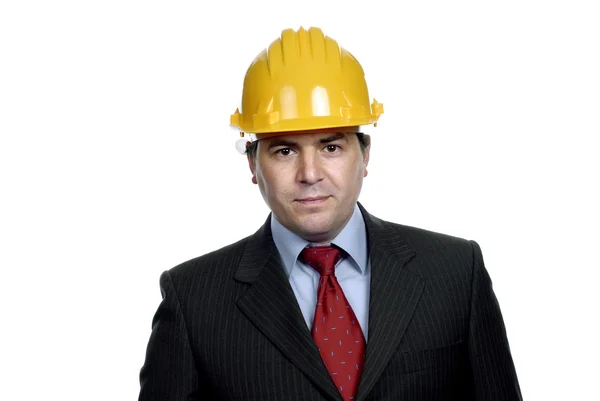 Ingenjör Med Gul Hatt Isolerad Vit — Stockfoto