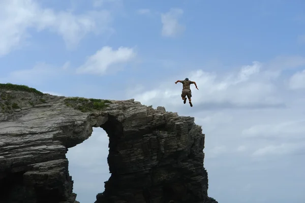 Male Boy Jumping Big Rock — Stock Photo, Image