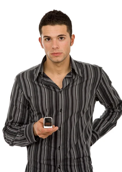 Młody Człowiek Dorywczo Telefonie Białym Tle — Zdjęcie stockowe