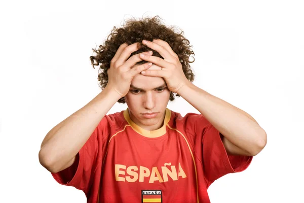 Jovem Apoiante Espanhol Isolado Branco — Fotografia de Stock
